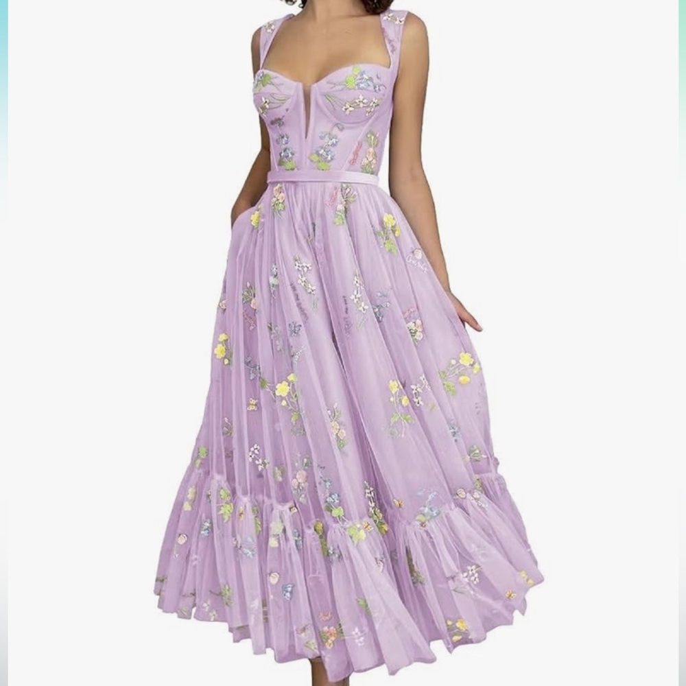 Lavender Floral Embroidered Tulle Maxi Dress